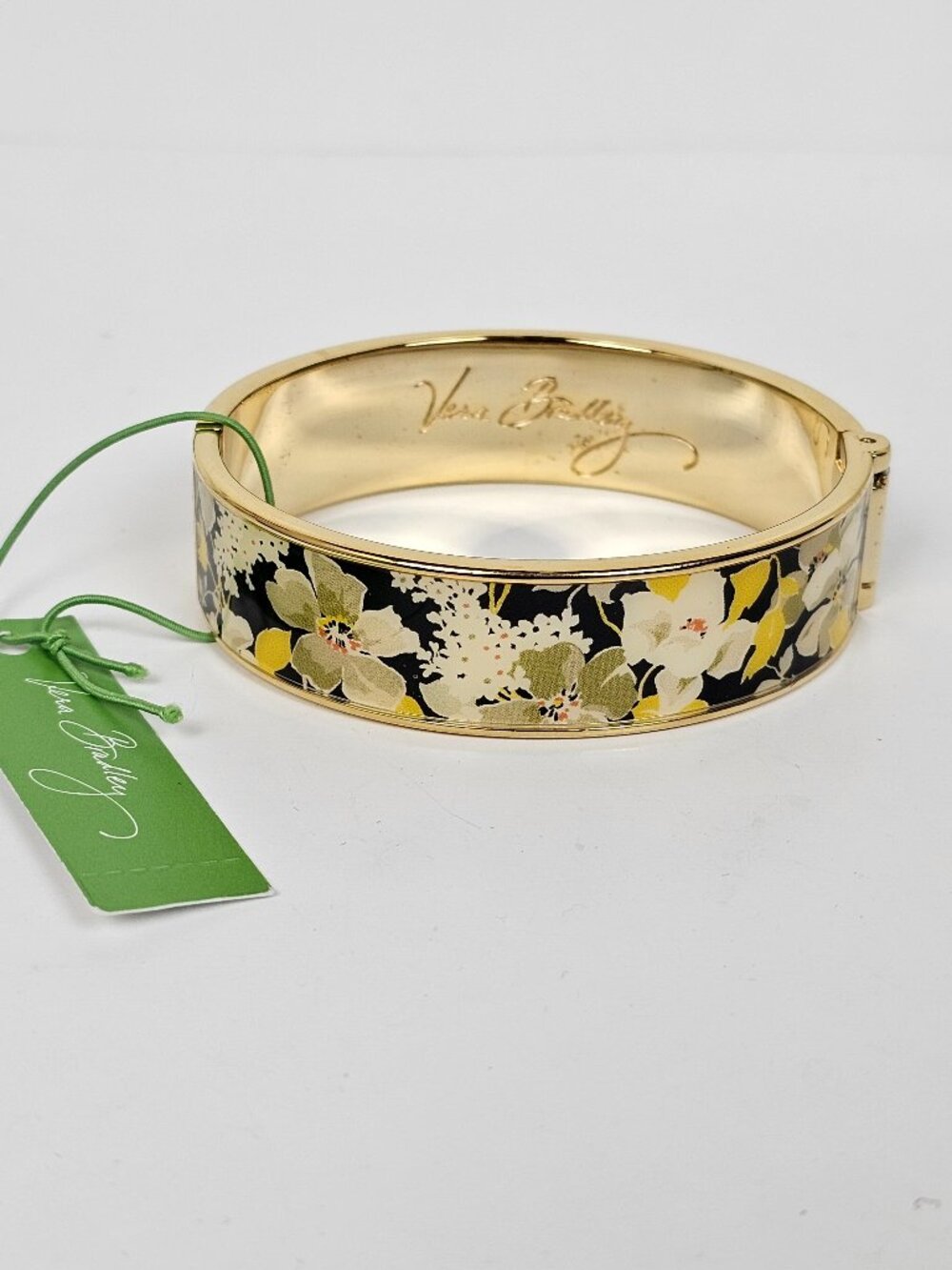 Vera Bradley Hinged Bangle Bracelet Gold Tone Floral Black Yellow Enamel NWT